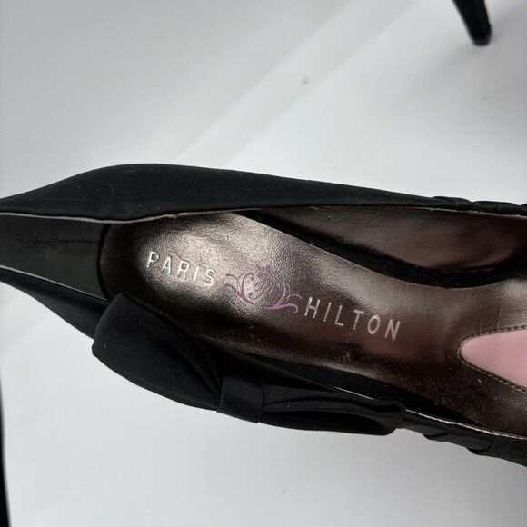 Paris Hilton High Heels Pumps Womens Size 9 Regal Black Peep Toe Bows Ruffles C2 - Picture 2 of 10